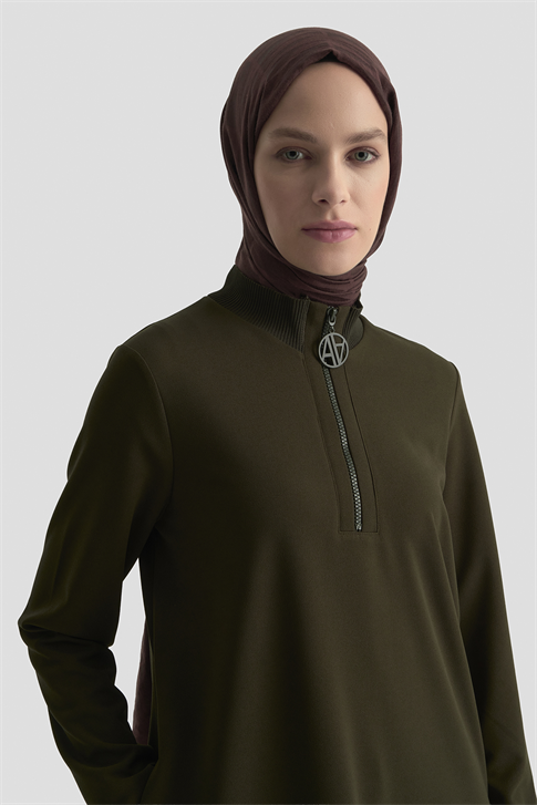 Fermuar Detaylı Basic Tunik Küf Yeşili