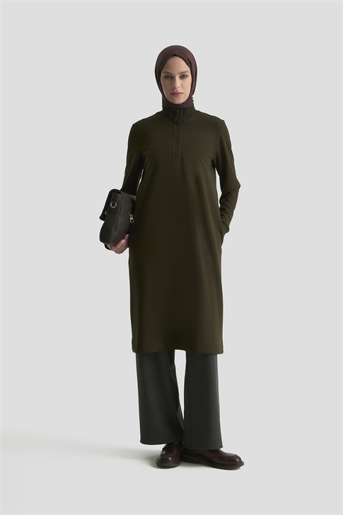 Fermuar Detaylı Basic Tunik Küf Yeşili