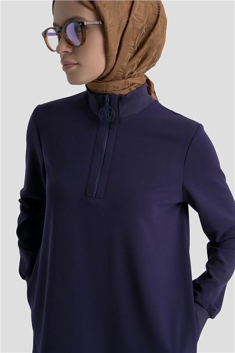 Fermuar Detaylı Basic Tunik Lacivert