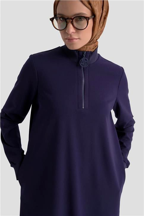 Fermuar Detaylı Basic Tunik Lacivert