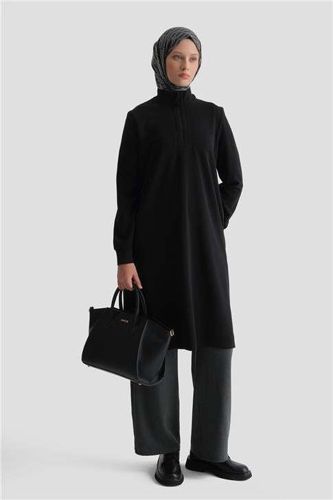 Fermuar Detaylı Basic Tunik Siyah