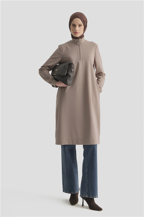 Fermuar Detaylı Basic Tunik Vizon