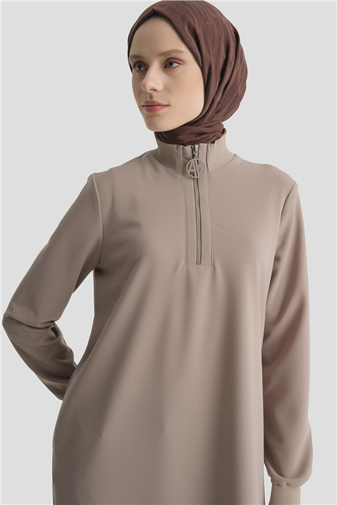 Fermuar Detaylı Basic Tunik Vizon