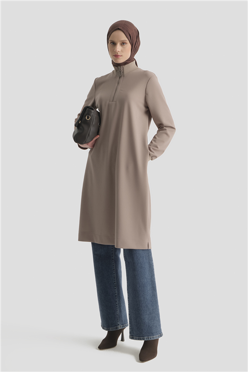 Fermuar Detaylı Basic Tunik Vizon