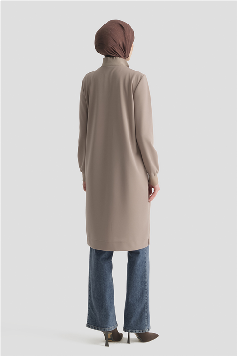 Fermuar Detaylı Basic Tunik Vizon