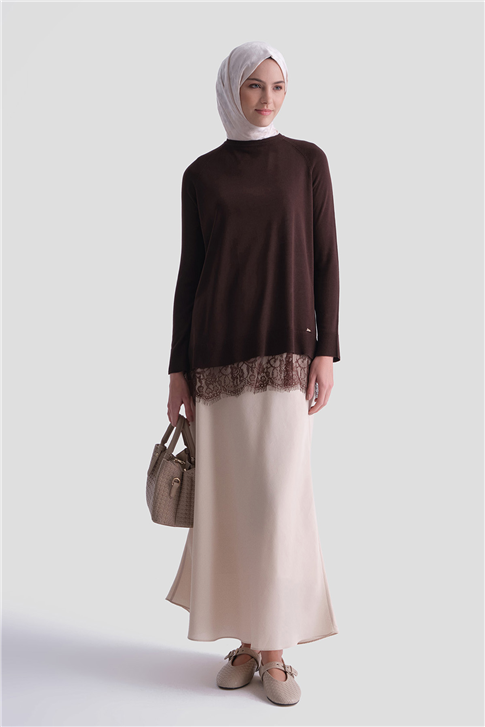 Dantelli Rayon Tunik Acı Kahve