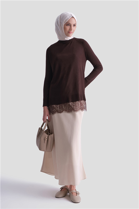 Dantelli Rayon Tunik Acı Kahve