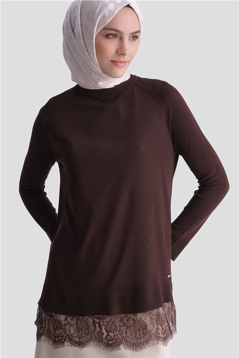 Dantelli Rayon Tunik Acı Kahve