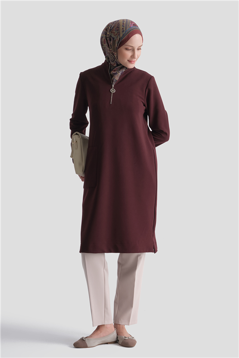 Cep Detaylı Basic Tunik Bordo 