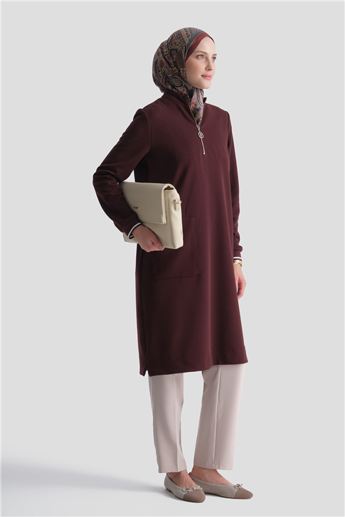 Cep Detaylı Basic Tunik Bordo 
