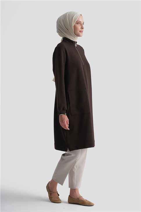 Cep Detaylı Basic Tunik Kahverengi 