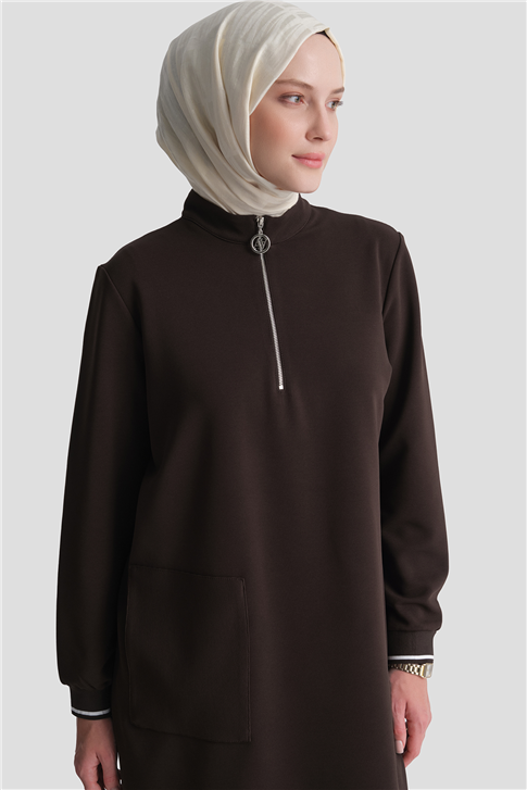 Cep Detaylı Basic Tunik Kahverengi 