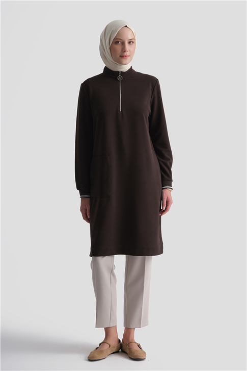 Cep Detaylı Basic Tunik Kahverengi 