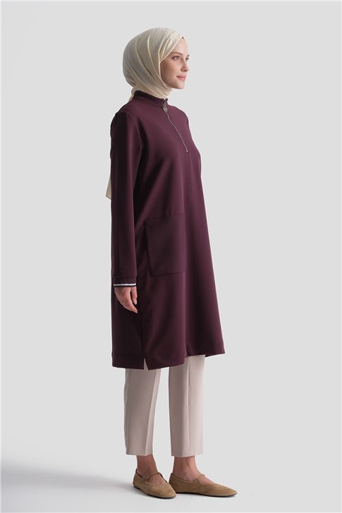 Cep Detaylı Basic Tunik Mürdüm 