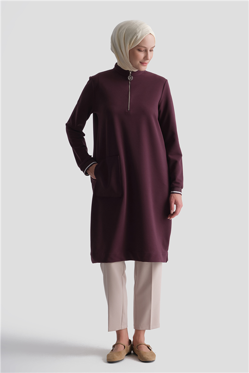 Cep Detaylı Basic Tunik Mürdüm 