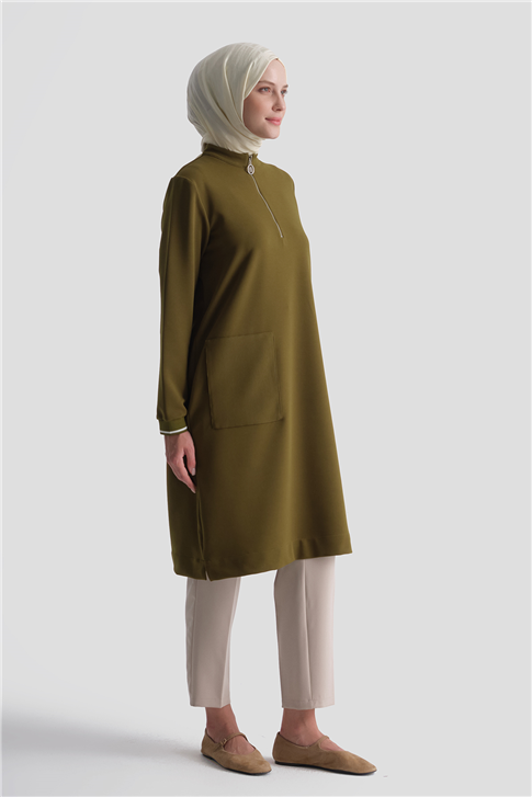 Cep Detaylı Basic Tunik Yağ Yeşili 