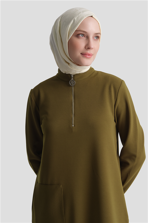 Cep Detaylı Basic Tunik Yağ Yeşili 