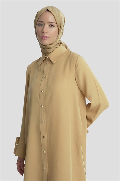Kalın Manşetli Tencel Tunik Camel