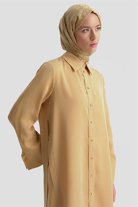 Kalın Manşetli Tencel Tunik Camel