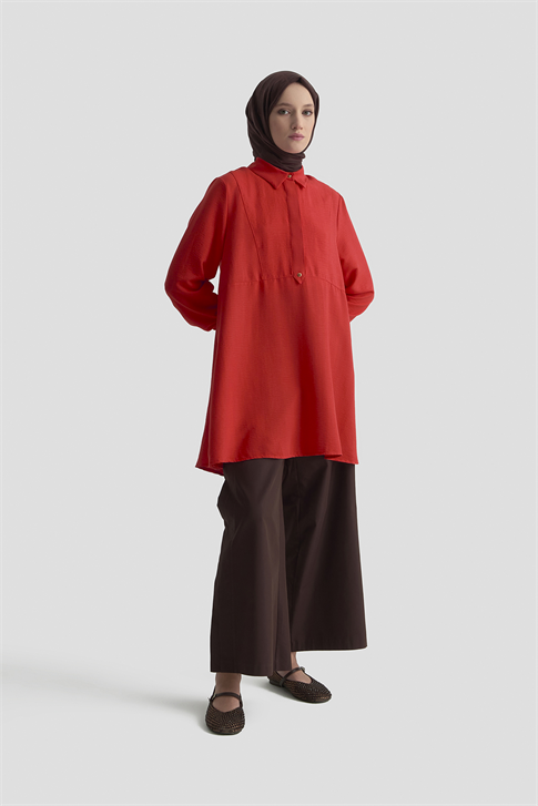 Etek Ucu Volanlı Tunik Kiremit