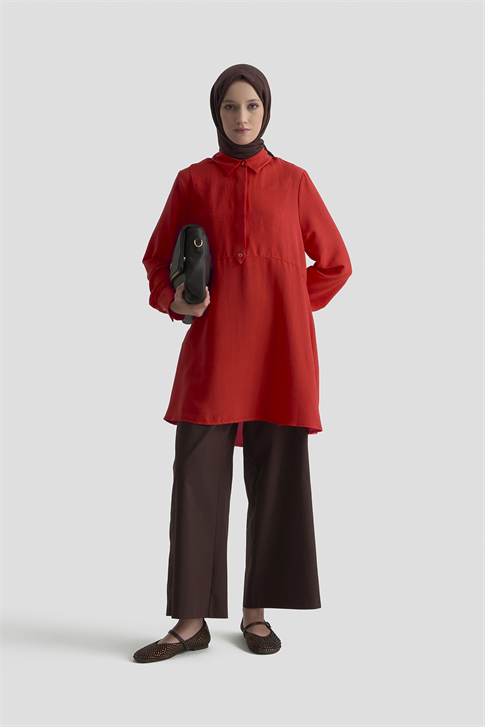 Etek Ucu Volanlı Tunik Kiremit