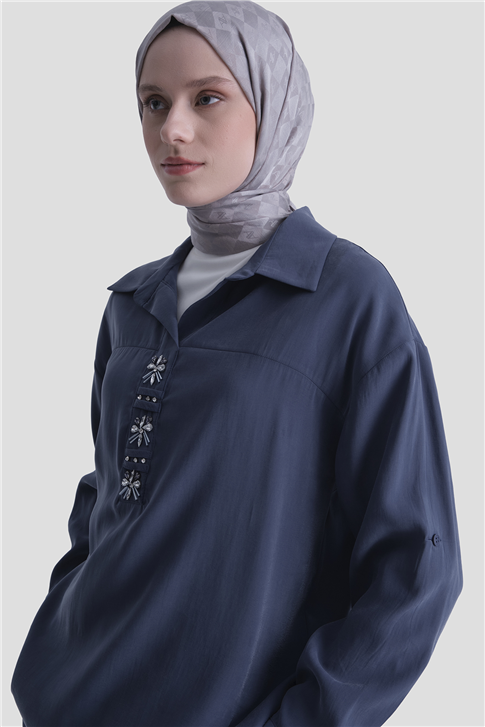 Taş İşlemeli Tunik Lacivert