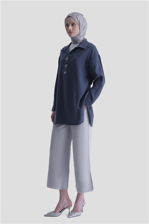 Taş İşlemeli Tunik Lacivert
