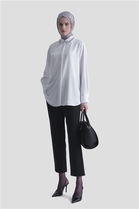 Taş İşlemeli Ayrobin Tunik Ekru