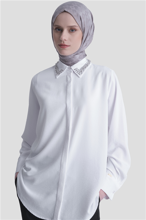 Taş İşlemeli Ayrobin Tunik Ekru