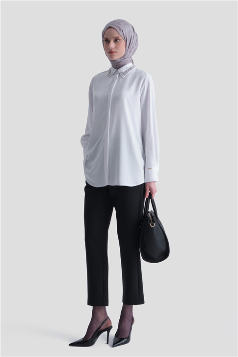 Taş İşlemeli Ayrobin Tunik Ekru