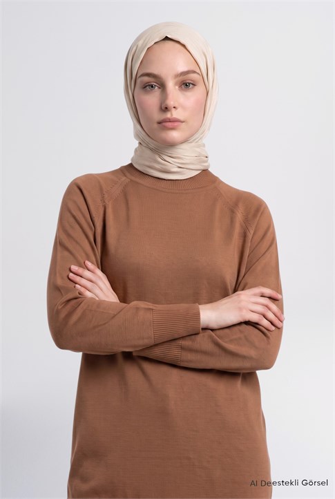 Yüksek Yaka Basic Triko Tunik Camel 
