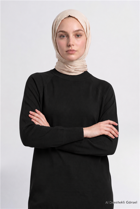 Yüksek Yaka Basic Triko Tunik Siyah 