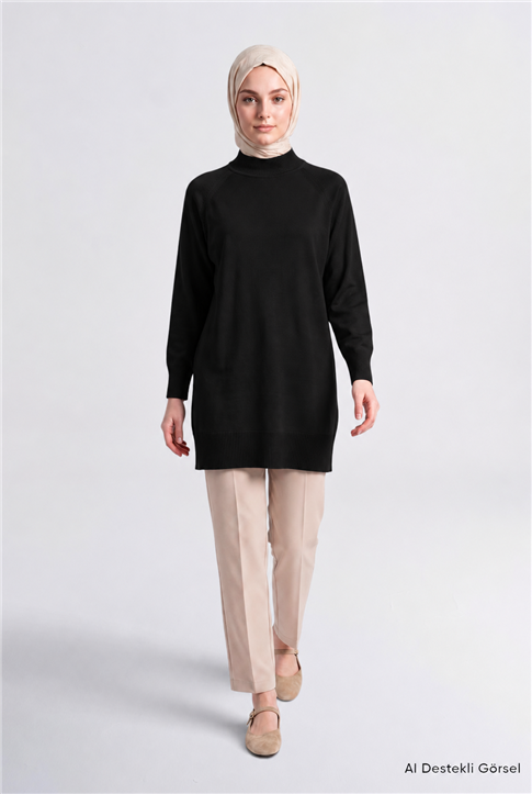 Yüksek Yaka Basic Triko Tunik Siyah 
