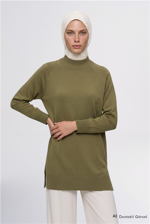 Yüksek Yaka Basic Triko Tunik Yağ Yeşili 