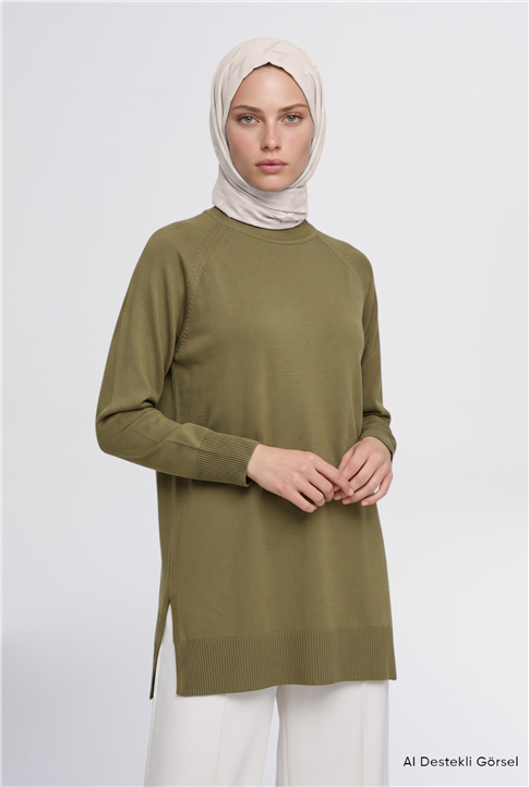 Yüksek Yaka Basic Triko Tunik Yağ Yeşili 