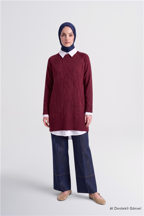 Jakarlı Triko Tunik Bordo 