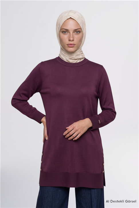 Düğme Detaylı Triko Tunik Mürdüm 
