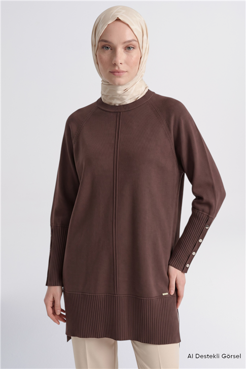 Kolları Düğme Detaylı Triko Tunik Acı Kahve 