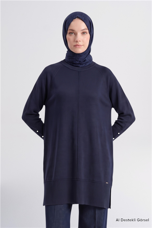 Kolları Düğme Detaylı Triko Tunik Lacivert 