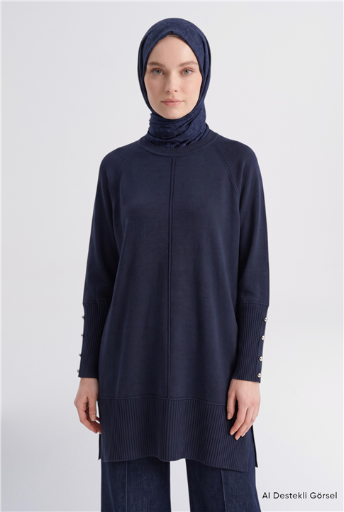Kolları Düğme Detaylı Triko Tunik Lacivert 