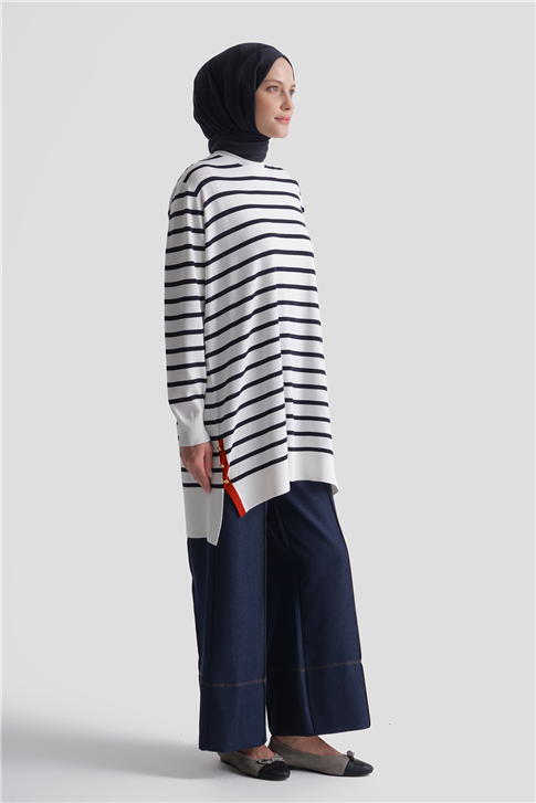 Çizgili Rayon Triko Tunik Ekru 
