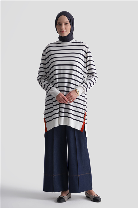 Çizgili Rayon Triko Tunik Ekru 