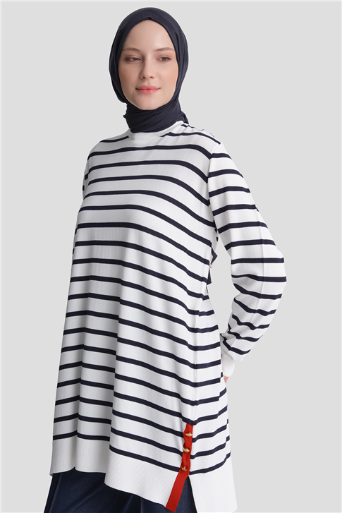 Çizgili Rayon Triko Tunik Ekru 