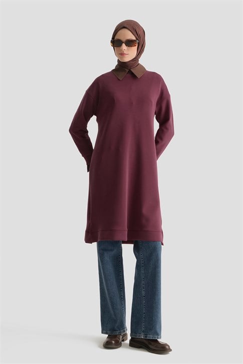 Modal Karışımlı Basic Tunik Bordo