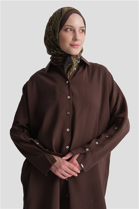 Kolları Düğmeli Rayon Tunik Kahverengi 