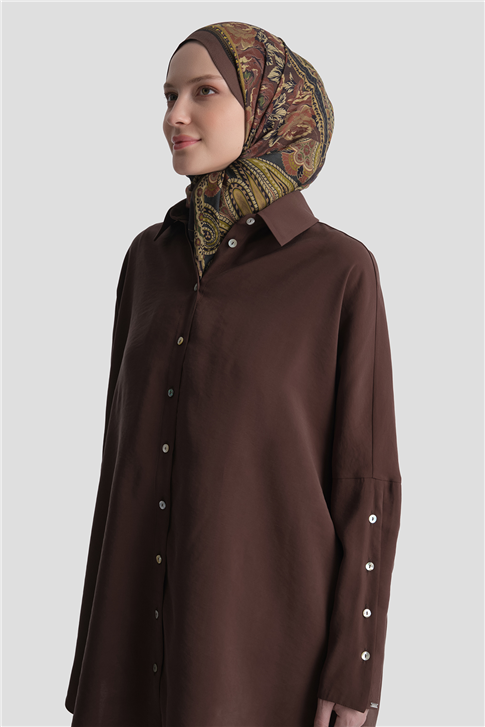 Kolları Düğmeli Rayon Tunik Kahverengi 