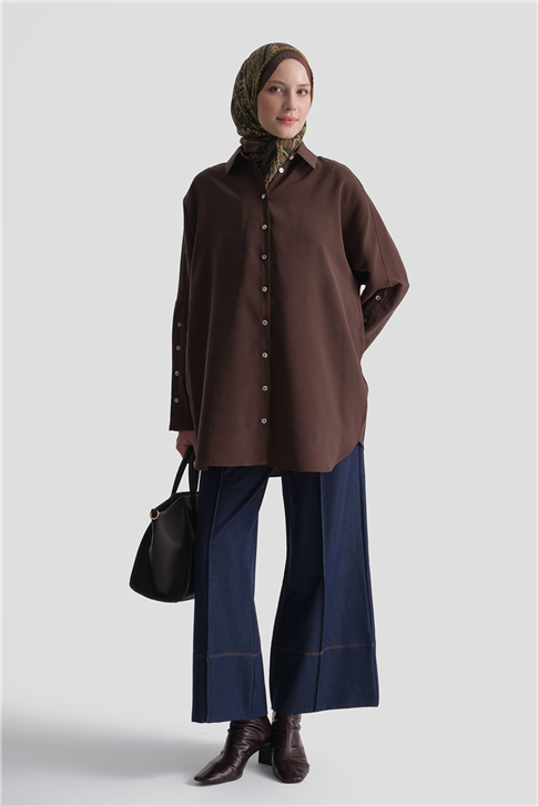 Kolları Düğmeli Rayon Tunik Kahverengi 