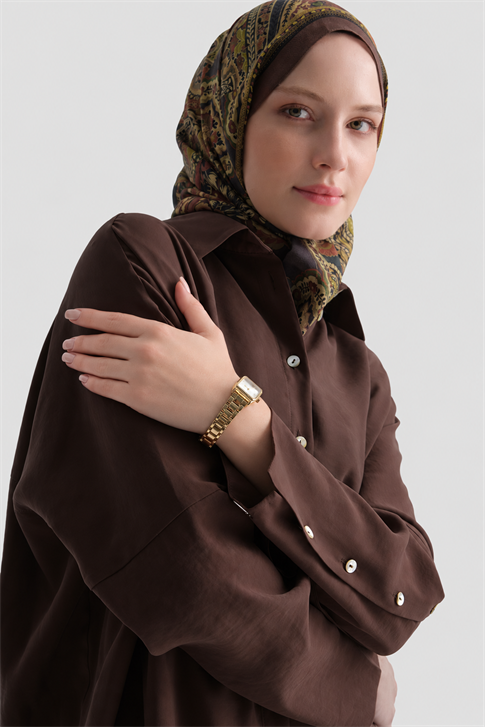 Kolları Düğmeli Rayon Tunik Kahverengi 