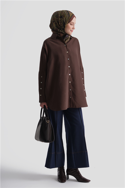 Kolları Düğmeli Rayon Tunik Kahverengi 