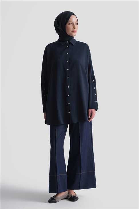 Kolları Düğmeli Rayon Tunik Lacivert 